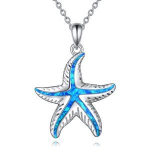 Sterling Silver Blue Opal Starfish  Pendant Necklaces-0