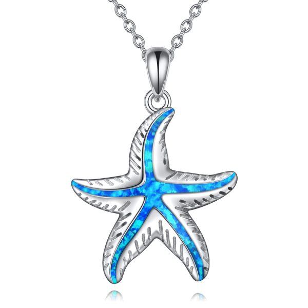 Sterling Silver Blue Opal Starfish  Pendant Necklaces-0