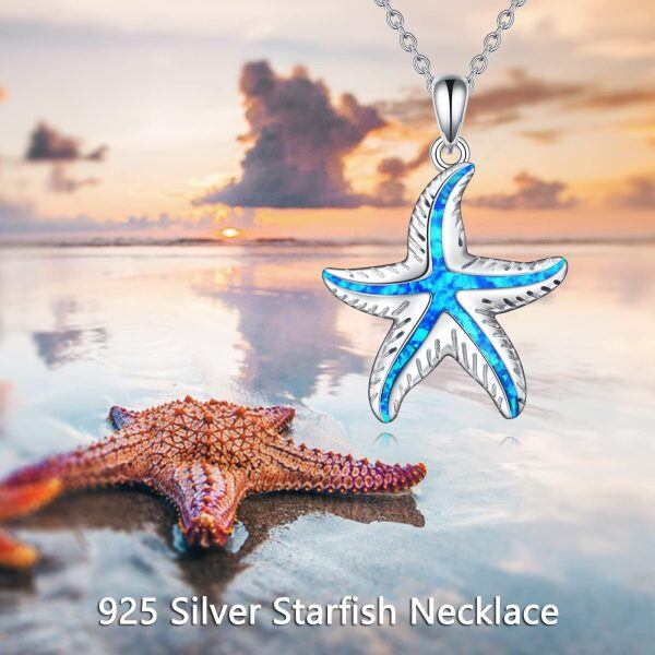 Sterling Silver Blue Opal Starfish  Pendant Necklaces-2