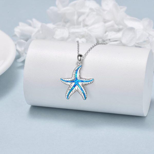 Sterling Silver Blue Opal Starfish  Pendant Necklaces-3