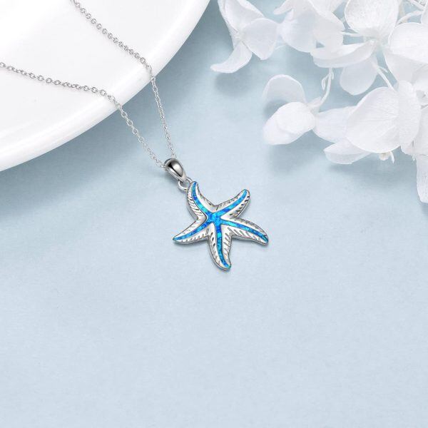 Sterling Silver Blue Opal Starfish  Pendant Necklaces-4