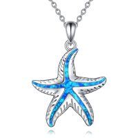 wholesale 925 Sterling Silver Starfish Blue Opal Shell Pendant Necklace for Women Girls  48cm Chain Length- Rhodium Plated