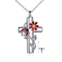 wholesale 925 Sterling Silver Cross Pendant with Flower and Insect Elements Cremation Jewelry for Ashes Keepsake Memorial Urn Necklace- Rhodium Plated