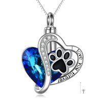 wholesale 925 Sterling Silver Heart-Shaped Blue Crystal Paw Print Cremation Jewelry Necklace for Pets Lover Gifts- Rhodium Plated