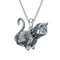 wholesale 925 Sterling Silver Cat Pendant Necklace with Green Eyes and Black Stones for Women- Oxidized/Oxidised