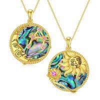 wholesale 925 Sterling Silver Plated Gold- Abalone Shell Double-Sided Sun & Moon Zodiaco Sign Pendant Necklaces for Women- Sliver Plated