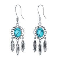 wholesale 925 Sterling Silver with Turquoise Stone and Feathers Drop Earrings for Women- Oxidized/Oxidised