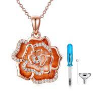 wholesale 925 Sterling Silver Rose Flower Shape Pendant with Stones and Funnel Set for Ashes Memory Keepsake Necklace- Rose Gold Plated