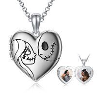 wholesale 925 Sterling Silver Heart Photo Locket Pendant Necklace with Skull Design for Women- Rhodium Plated