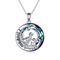 wholesale 925 Sterling Silver Dinosaur Pendant with Blue Crystals and I Love You Forever Inscription Necklace for Women- Rhodium Plated
