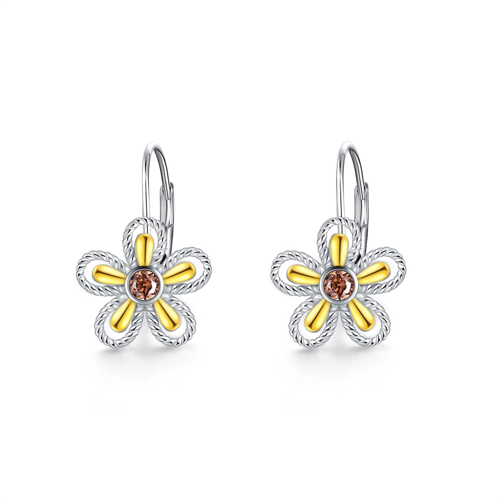 Sterling Silver Daisy Leverback Earrings - Two Tone- Two Tone