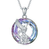 wholesale 925 Sterling Silver Round Cut Purple Crystal Phoenix Pendant Necklace for Women- Rhodium Plated