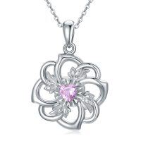 wholesale 925 Sterling Silver Pink Crystal Heart & Leaf Design Pendant Necklace for Women- Rhodium Plated