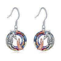 wholesale 925 Sterling Silver Rainbow Crystal Dragon and Girl Dangle Earrings for Women- Oxidized/Oxidised