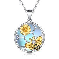 wholesale 925 Sterling Silver Honeycomb Bee & Daisy Moonstone Pendant Necklace for Women- Rhodium And Gold Plated