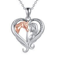 wholesale 925 Sterling Silver Horse and Girl's Heart Pendant Necklace for Women- Rhodium And Rose Gold Plated