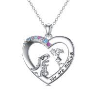 wholesale 925 Sterling Silver Dinosaur and Girl Heart Pendant Necklace for Women - Wholesale- Rhodium Plated
