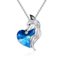 wholesale 925 Sterling Silver Blue Crystal Horse Head Heart Pendant Necklace for Women- Rhodium Plated