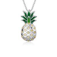 wholesale 925 Sterling Silver Green Enamel Yellow Crystal Pineapple Pendant Necklace for Women and Teen Girls- Rhodium Plated