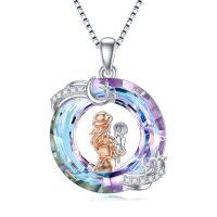 wholesale 925 Sterling Silver Mother and Child Crystal Pendant Necklace with Moon & Stars Design- Rhodium And Rose Gold Plated