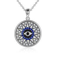 wholesale 925 Sterling Silver Round Compass Design Evil Eye Pendant Necklace with Blue Stones and CZs for Women- Rhodium Plated
