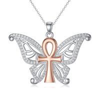 wholesale 925 Sterling Silver Butterfly Ankh Cross Pendant Necklace with Cubic Zirconia for Women- Rhodium And Rose Gold Plated
