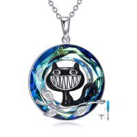 wholesale 925 Sterling Silver Blue Crystal Black Cat Pendant Necklace for Women Girls- Rhodium Plated