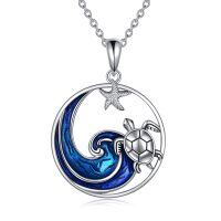 wholesale 925 Sterling Silver Sea Wave Turtle Pendant Necklaces with Starfish Charm Ocean s for Women Girls Mothers Wives- Oxidized/Oxidised