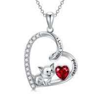 wholesale 925 Sterling Silver Red Crystal Love Pig Pendant Necklace for Women- Rhodium Plated