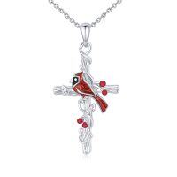 wholesale 925 Sterling Silver Red Enamel Cardinal Bird Cross Pendant Necklace for Women- Rhodium Plated