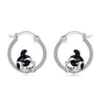 wholesale 925 Sterling Silver Black and White Cat Hoop Earrings for Women- Rhodium Plated