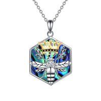 wholesale 925 Sterling Silver Hexagon Honeycomb Bee Pendant with Crown and Opal Stone Necklaces for Women Gifts- Rhodium And Gold Plated