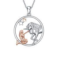 wholesale 925 Sterling Silver Mermaid & Unicorn Pendant Necklace with Stars for Women- rhodium