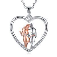 wholesale 925 Sterling Silver Rose Gold & White Enamel Love Couple in Heart Shape Pendant Necklace for Women- rhodium