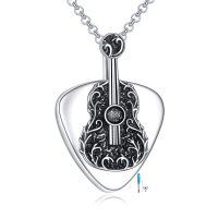 wholesale 925 Sterling Silver Guitar Shaped Black Enamel Cremation Jewelry Urn Pendant Necklace with Chain and Funnel Set- Rhodium Plated