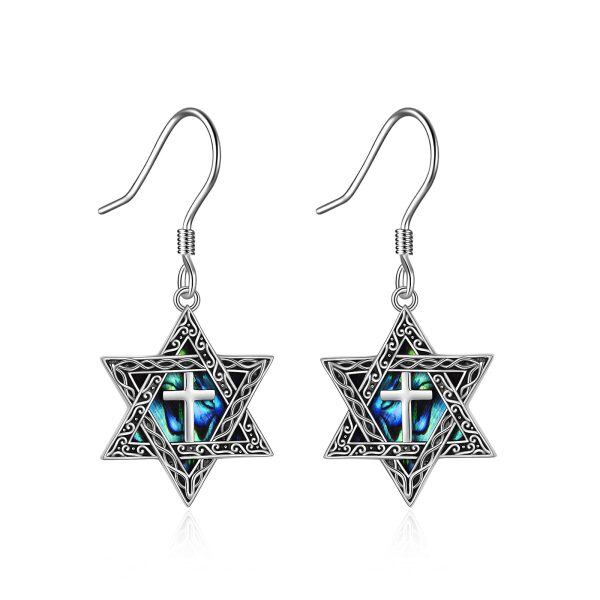 Sterling Silver Star Of David Drop Earrings With Abalone Shell-0