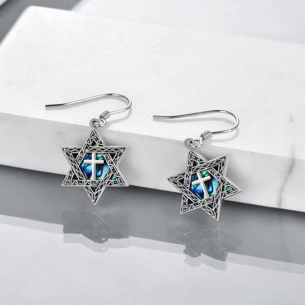 Sterling Silver Star Of David Drop Earrings With Abalone Shell-3