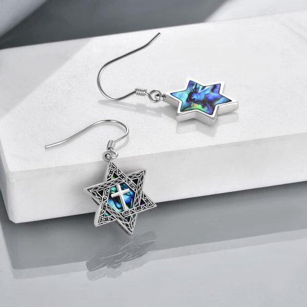 Sterling Silver Star Of David Drop Earrings With Abalone Shell-4