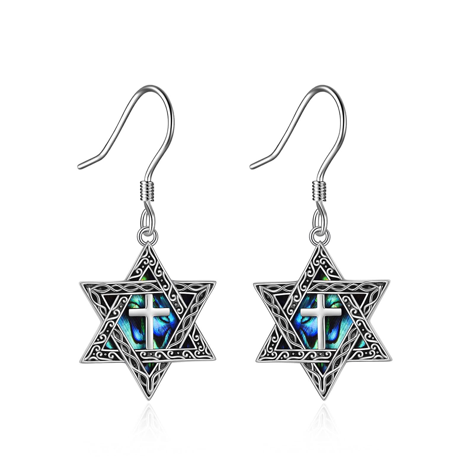 Sterling Silver Abalone Shell Star of David Earring for Women Jewish Jewelry - Oxidized/Oxidised- Oxidized/Oxidised