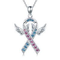 wholesale 925 Sterling Silver Pink and Blue Ribbon Angel Mommy Memorial Pendant Necklace for Pregnancy Loss- Rhodium Plated