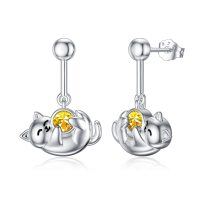 wholesale 925 Sterling Silver Yellow Crystal Cat Dangle Earrings Hypoallergenic Gifts for Women Girls- Rhodium Plated