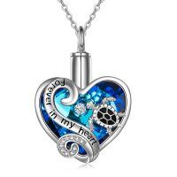 wholesale 925 Sterling Silver Heart-Shaped Blue Crystal Turtle Keepsake Cremation Jewelry Urn Pendant Necklace with Funnel Kit- Rhodium Plated