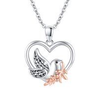 wholesale 925 Sterling Silver Heart-Shaped Dove with Olive Branch Pendant Necklace for Women- rhodium