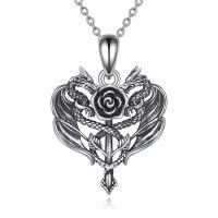 wholesale 925 Sterling Silver Heart-Shaped Dragon & Rose Pendant Necklace for Women- Rhodium Plated