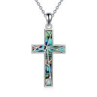 wholesale 925 Sterling Silver Abalone Shell Inlay Cross Pendant Necklace for Women- Rhodium Plated