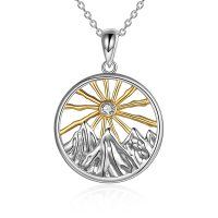 wholesale 925 Sterling Silver Round Sun and Mountains Pendant Necklace for Women- Rhodium And Gold Plated