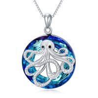 wholesale 925 Sterling Silver Blue Crystal Octopus Pendant Necklace for Women- Rhodium Plated