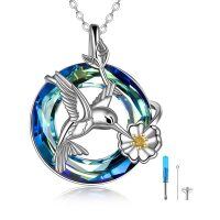 wholesale 925 Sterling Silver Blue Crystal Hummingbird Keepsake Cremation Jewelry Urn Pendant Necklace with Chain and Funnel Set- Rhodium And Gold Plated