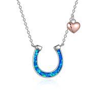 wholesale 925 Sterling Silver Blue Opal Inlay Lucky Horseshoe Pendant Heart Charm Necklaces for Women Gifts- Rhodium And Rose Gold Plated