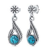 wholesale 925 Sterling Silver Flower & Turquoise Teardrop Dangle Earrings for Women- Rhodium Plated